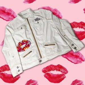 CAbi Bright White Denim Jacket with Sequin Lips Patches, Size XL